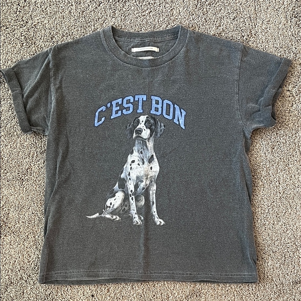 Anthropologie Dark Gray Dalmatian Graphic Tee with Blue Text
